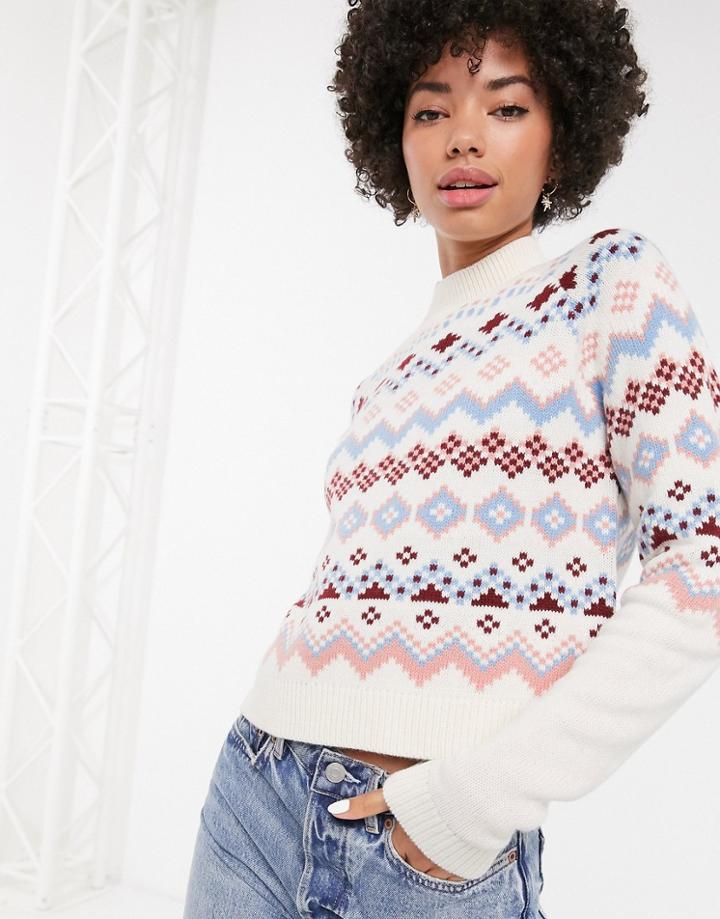 Monki Fairisle Print High-neck Sweater In Beige