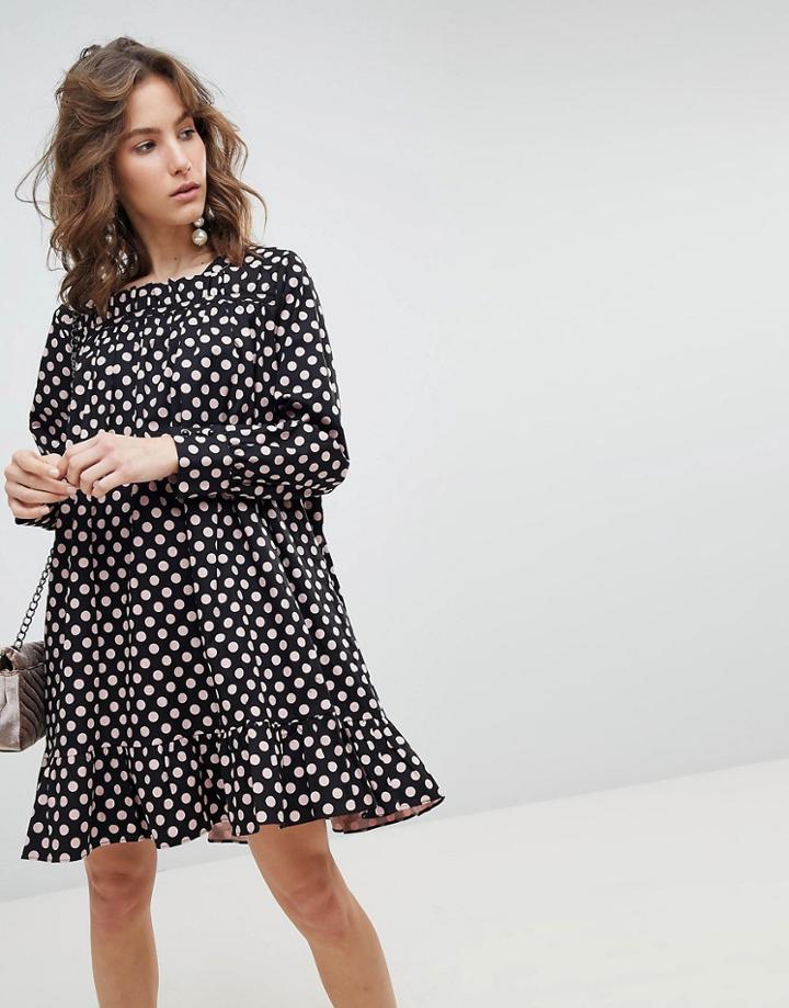 Sister Jane Long Sleeve Smock Dress With Peplum Hem In Oversized Polka Dot - Black
