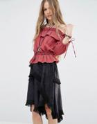 Moon River Tie Detail Cold Shoulder Top - Red