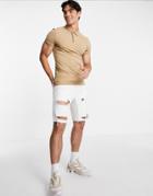 Asos Design Organic Cotton Blend Muscle Fit Jersey Polo In Beige-red