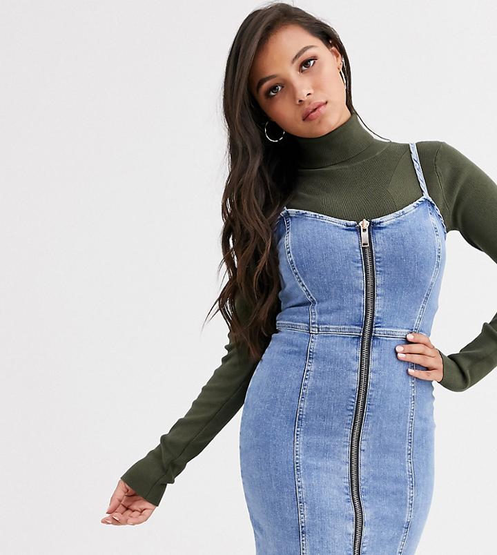 River Island Petite Denim Mini Dress In Mid Wash-blues