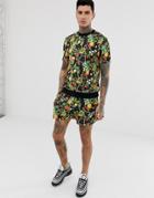 Asos Design Tracksuit Short Sleeve Sweatshirt / Relaxed Jersey Short Shorts In Fruit And Chain Print-black