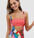 Lost Ink Gingham Bandeau Floral Swimsuit-multi