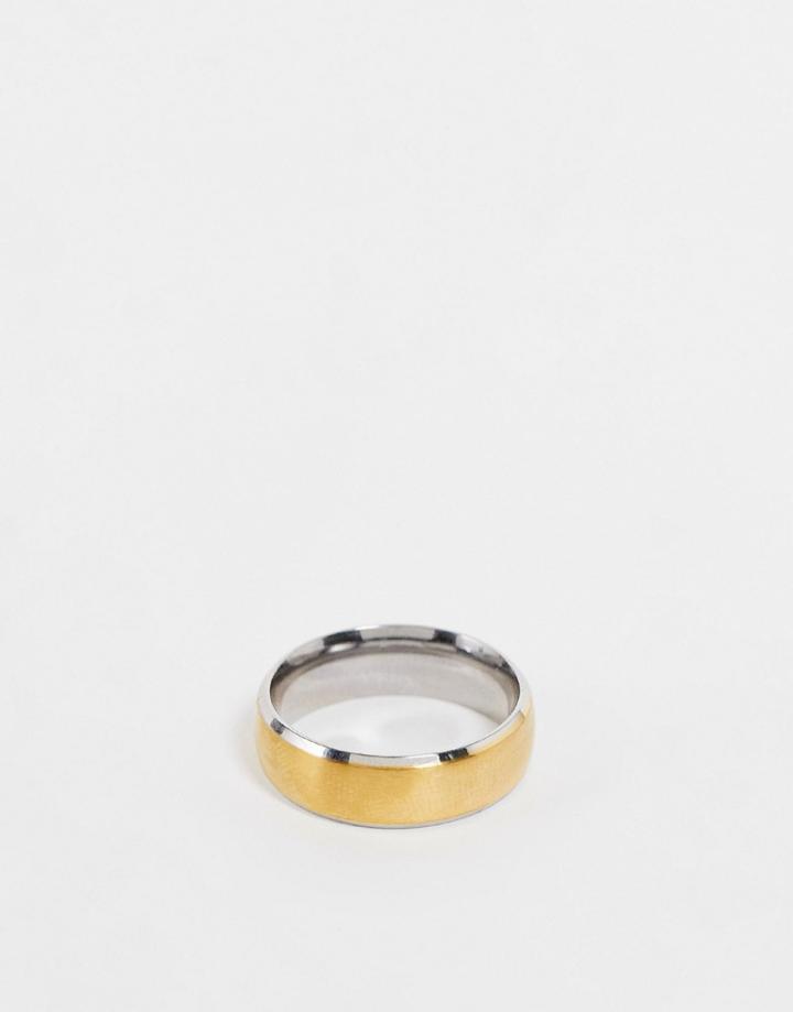 Asos Design Waterproof Stainless Steel Band Ring With Brushing In Gold Tone