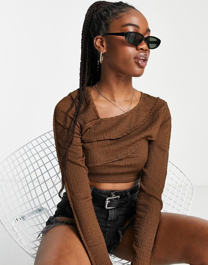 Lola May Asymmetric Neckline Crop Top In Brown