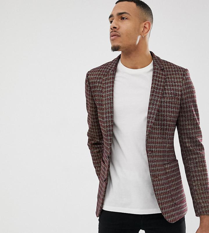 Asos Design Tall Skinny Blazer In Gray Red And Gold Sparkle Check