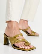 Asos Design Husky Premium Leather Mid Heeled Sandals In Olive-green