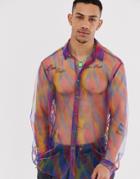 Asos Design Festival Long Sleeve Sheer Shirt In Rainbow Print-blue