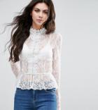 Asos Tall Top In Lace With Button Front And Peplum Hem - Cream