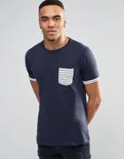Brave Soul Stripe Contrast Pocket T-shirt - Navy