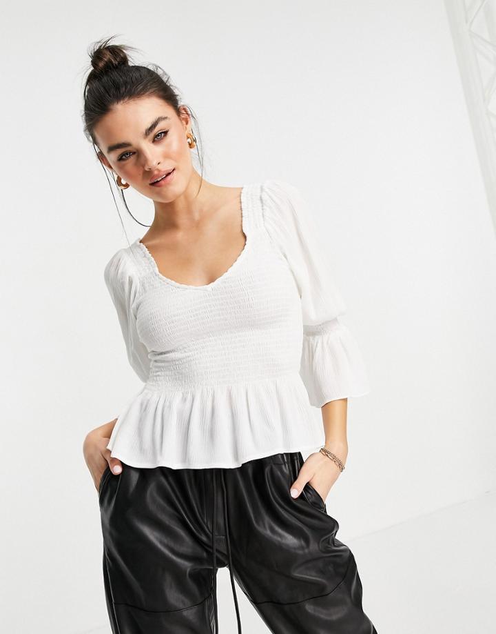 Asos Design Shirred Bodice Peplum Top In Ivory-white
