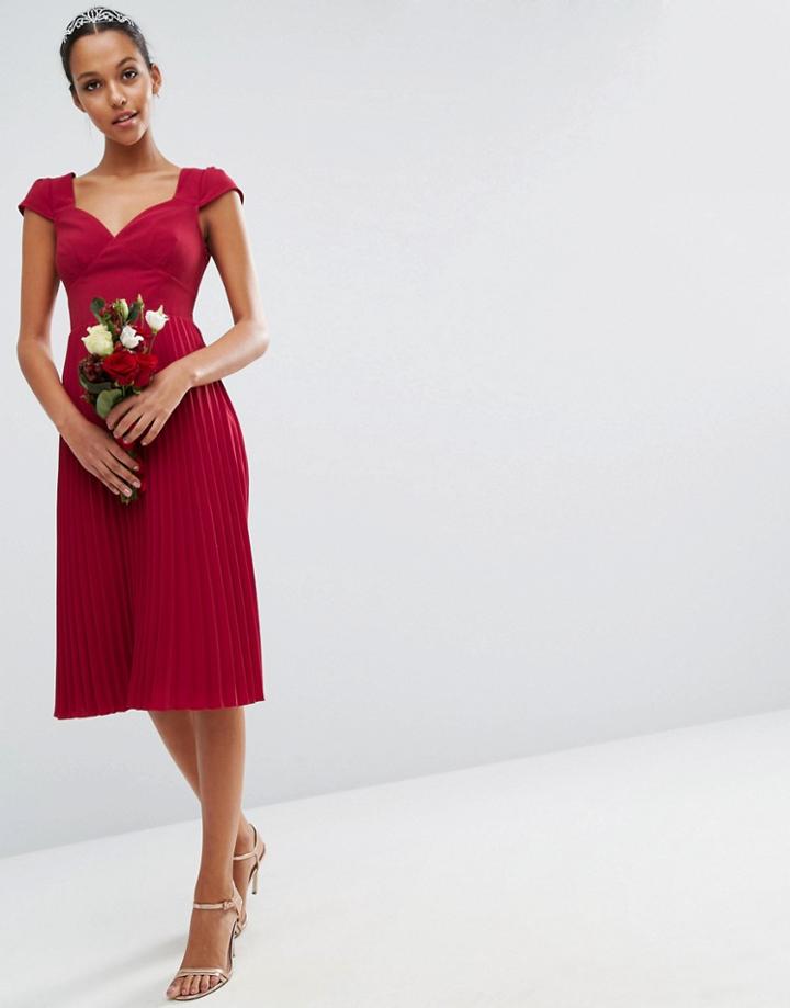 Asos Wedding Lace And Pleat Midi Dress - Red