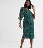 Maya Maternity Bridesmaid Delicate Sequin Wrap Midi Dress In Green