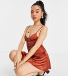 Asos Design Petite Cami Satin Ring Cut Out Aline Skater Mini Dress In Rust-multi