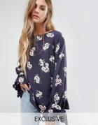 Reclaimed Vintage Oversized Smock Top With Tie Wrist In Floral Print - Gray