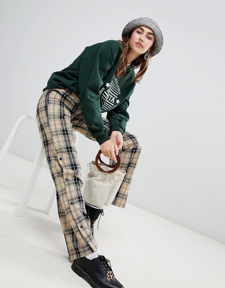 Stradivarius Check Wide Leg With Popper - Black