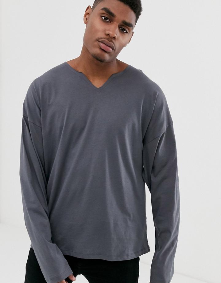 Asos Design Oversized Long Sleeve T-shirt With Raw Notch Neck In Washed Black-gray