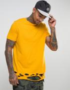 Asos Longline T-shirt With Distressed Hem In Yellow - Yellow