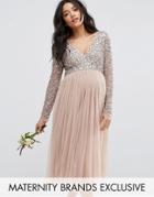 Maya Maternity Long Sleeve Midi Dress With Delicate Sequin And Tulle Skirt - Gray