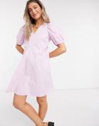Pieces Poplin Smock Dress With V Neck And Puff Sleeve In Orchid-purple