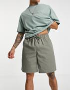 Asos Design Boxy Chino Shorts In Light Khaki-green