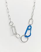 Asos Design Necklace With Color Clasp And Crystal Link Hardware Chain In Silver Tone - Silver