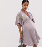 Asos Design Maternity Cape Sleeve Embroidered Mini Dress - Purple