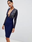 Vesper Deep V Neck Lace Midi Pencil Dress - Navy