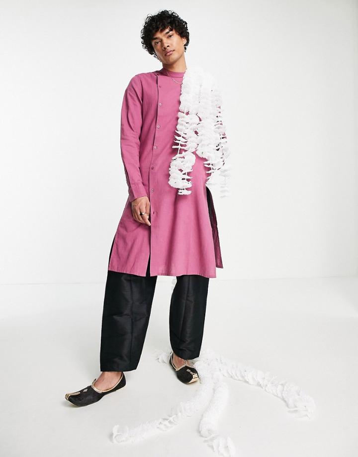 Asos Design Kurta Longline Linen Shirt With Asymmetric Front In Mauve-purple