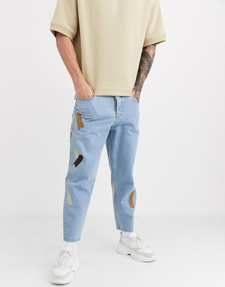 Asos White Tapered Jeans In 14oz Mid Wash Denim With Embroidery Detail-blue