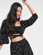 Fashion Union Exclusive Balloon Sleeve Crop Top With Wrap Detail In Black Base Floral - Part Of A Set-multi