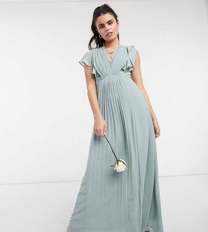 Tfnc Petite Bridesmaid Lace Detail Maxi Dress With Flutter Sleeves In Sage-green
