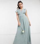 Tfnc Petite Bridesmaid Lace Detail Maxi Dress With Flutter Sleeves In Sage-green