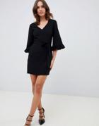 Asos Design Kimono Frill Sleeve Mini Dress-black