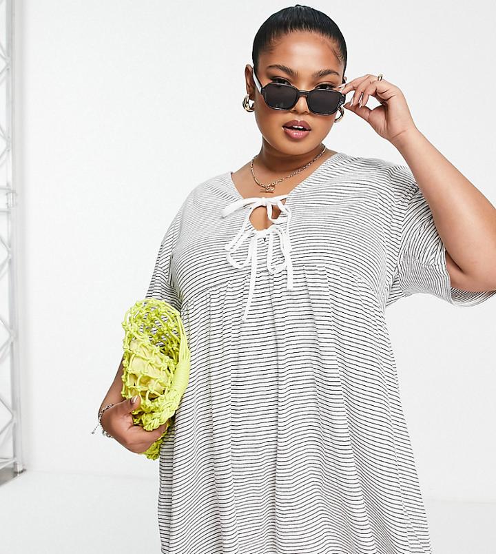 Asos Design Curve Mini Smock Dress With Double Tie Detail In Monochrome Stripe-multi