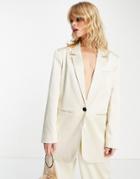 Asos Design Pinstripe Satin Suit Oversized Dad Blazer In Cream-white
