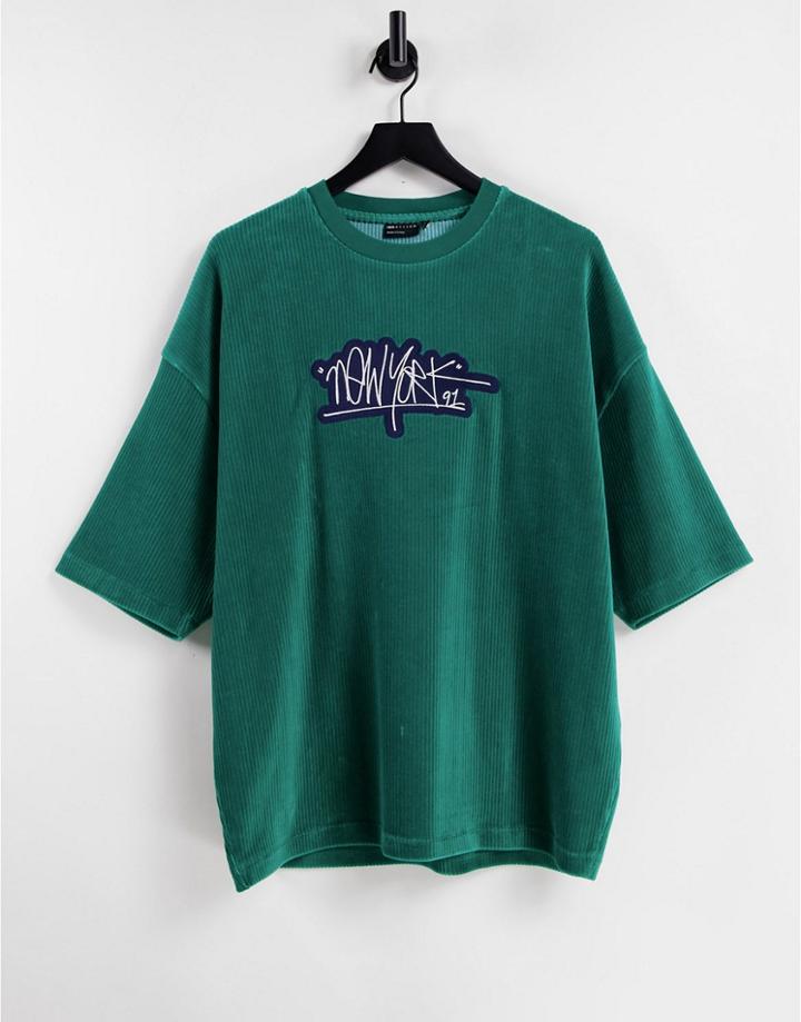Asos Design Oversized T-shirt In Green Ribbed Velour With New York City Embroidery