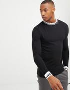 Asos Design Muscle Fit Long Sleeve T-shirt With Tipping In Black - Black