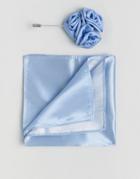 Gianni Feraud Wedding Satin Floral Lapel Pin With Pocket Sqaure - Blue