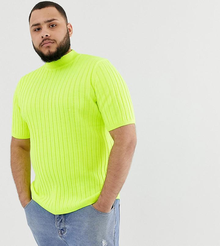 Asos Design Plus Knitted Ribbed Turtleneck T-shirt In Neon Green - Green