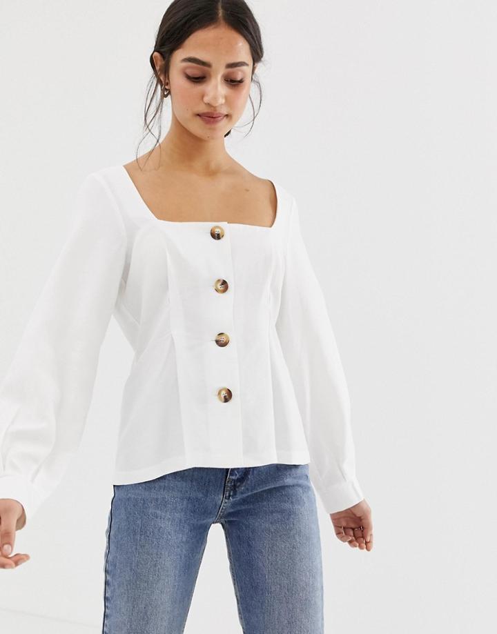 Asos Design Square Neck Button Through Top With Pleat Detail - White