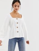 Asos Design Square Neck Button Through Top With Pleat Detail - White