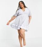 Asos Design Curve Mini Dress With Satin Trim Ruffle And Tie Detail In Blue-blues