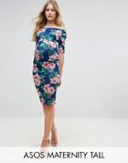 Asos Maternity Tall Half Sleeve Bardot Dress In Palm Print Floral - Navy