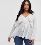 Asos Design Curve Batwing Sleeve Top With Tie Waist-white