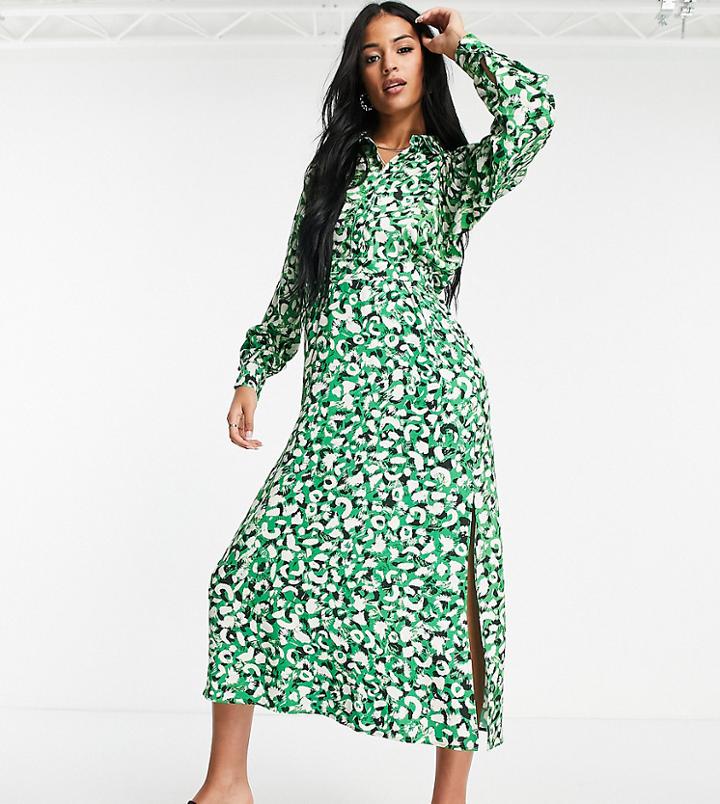 Topshop Tall Recycled Viscose Blend Batwing Animal Print Shirt Dress-green