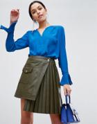 Traffic People V Neck Top With Flute Sleeves - Navy