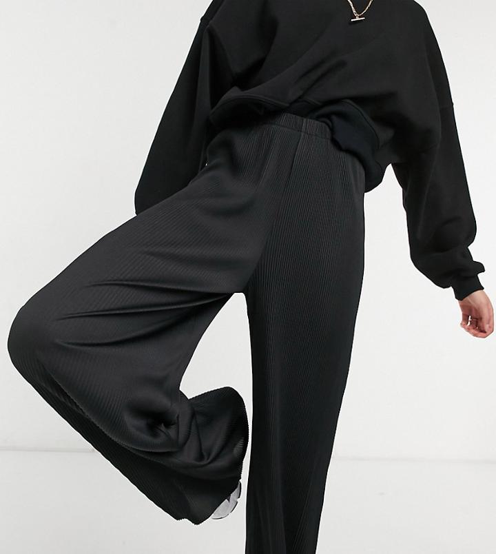 Asos Design Tall Plisse Wide Leg Pants In Black