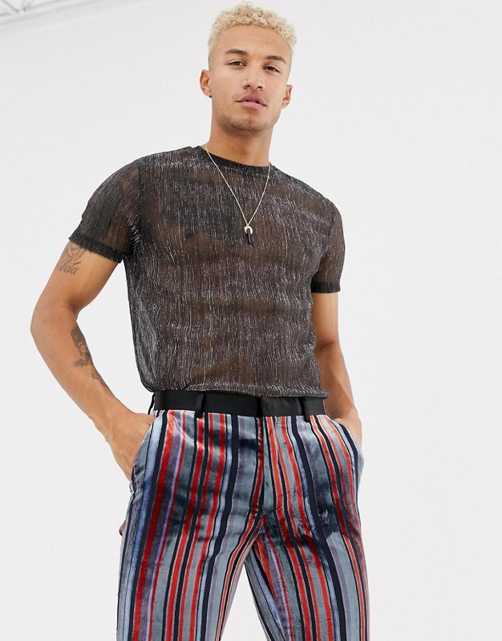 Asos Design Longline T-shirt In Sheer Metallic Fabric In Silver - Silver