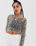 Asos Design Long Sleeve Mesh Top In Cheetah Print With Neon Stitching - Multi